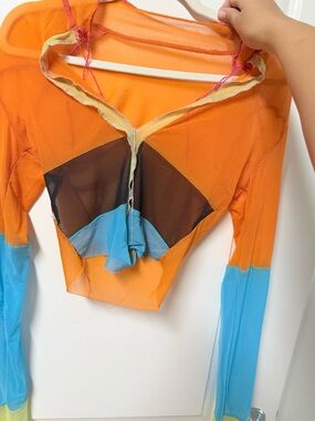 Mesh Colorblock Long-Sleeve Crop Top in Orange and Blue